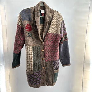 Vtg Susan Bristol Long Cardigan Sweater M 90s Shetland Wool Patchwork Duster